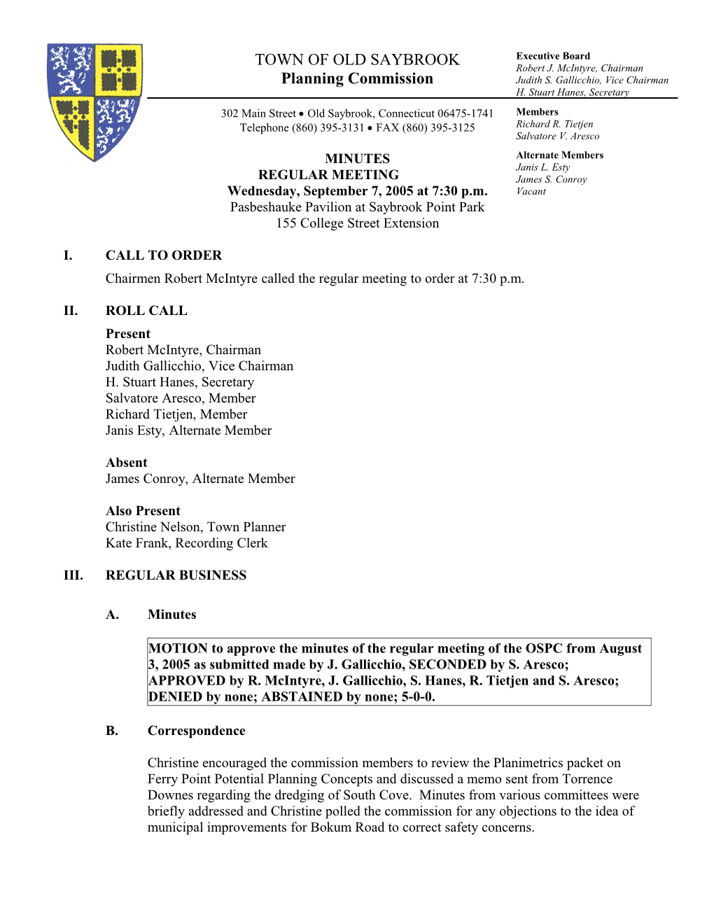 Old Saybrook Planning Commission Meeting Minutes September 7, 2005