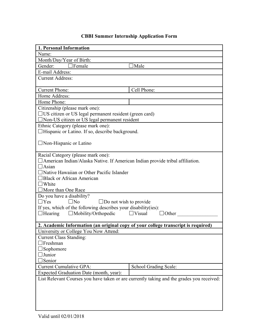 Student Biographical Information Form
