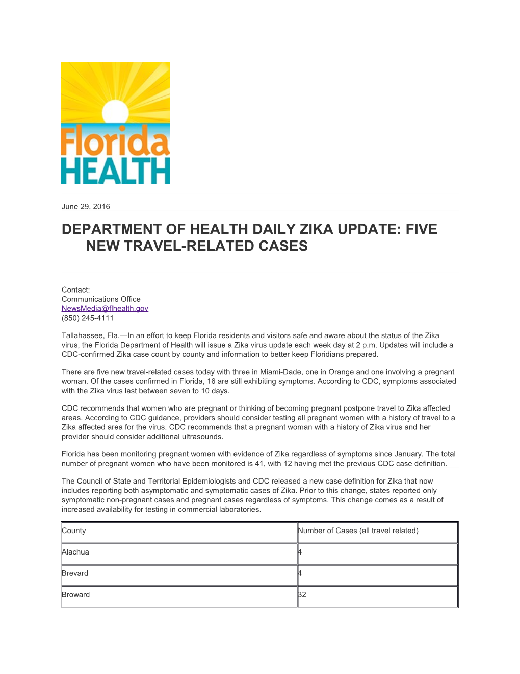 Department of Health Daily Zika Update: Five New Travel-Related Cases