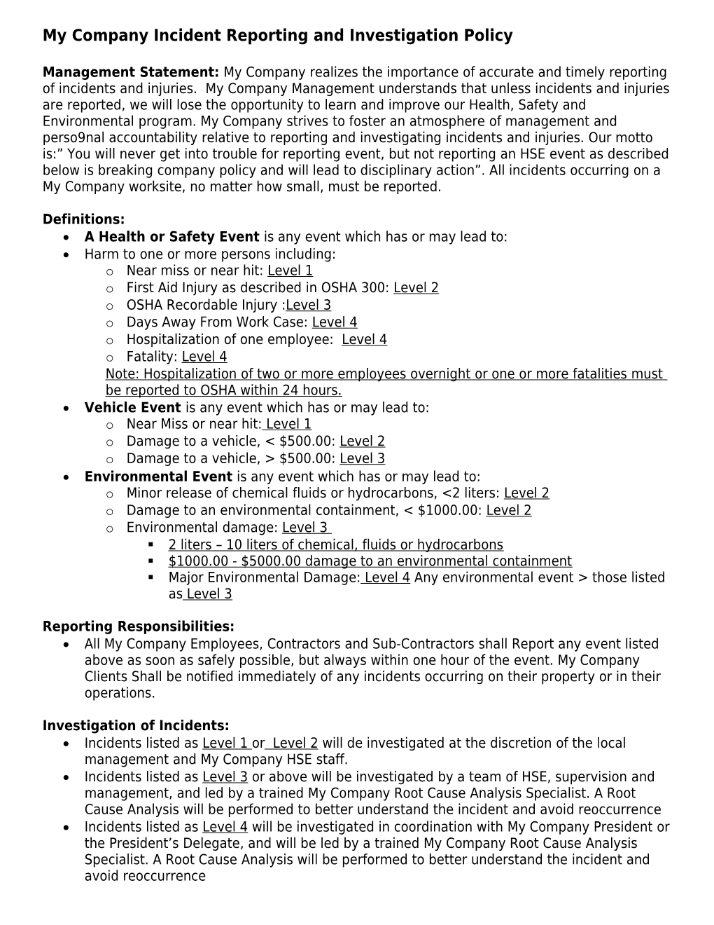 My Company Incident Reporting and Investigation Policy