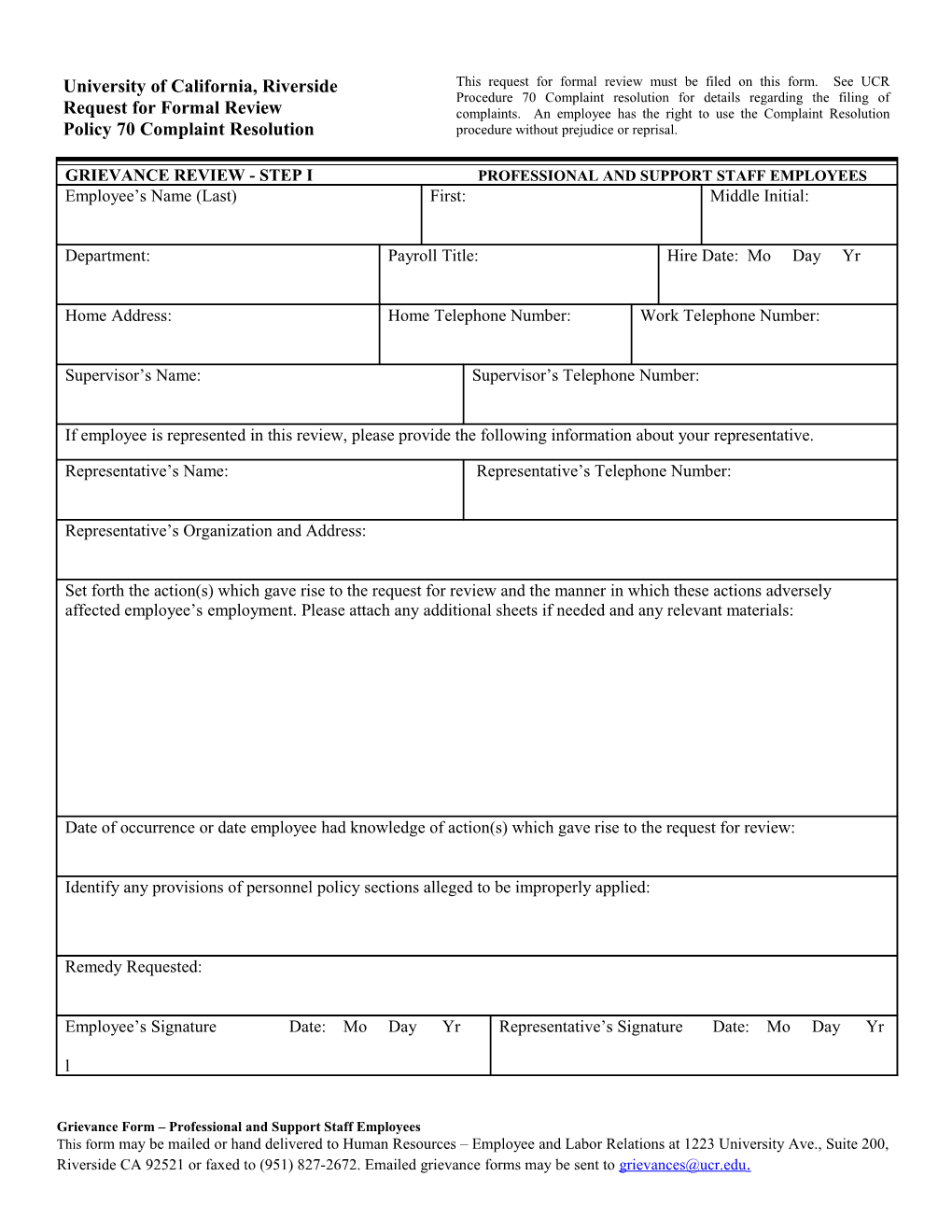Personnel Policy/Procedure 70 Formal Grievance Form