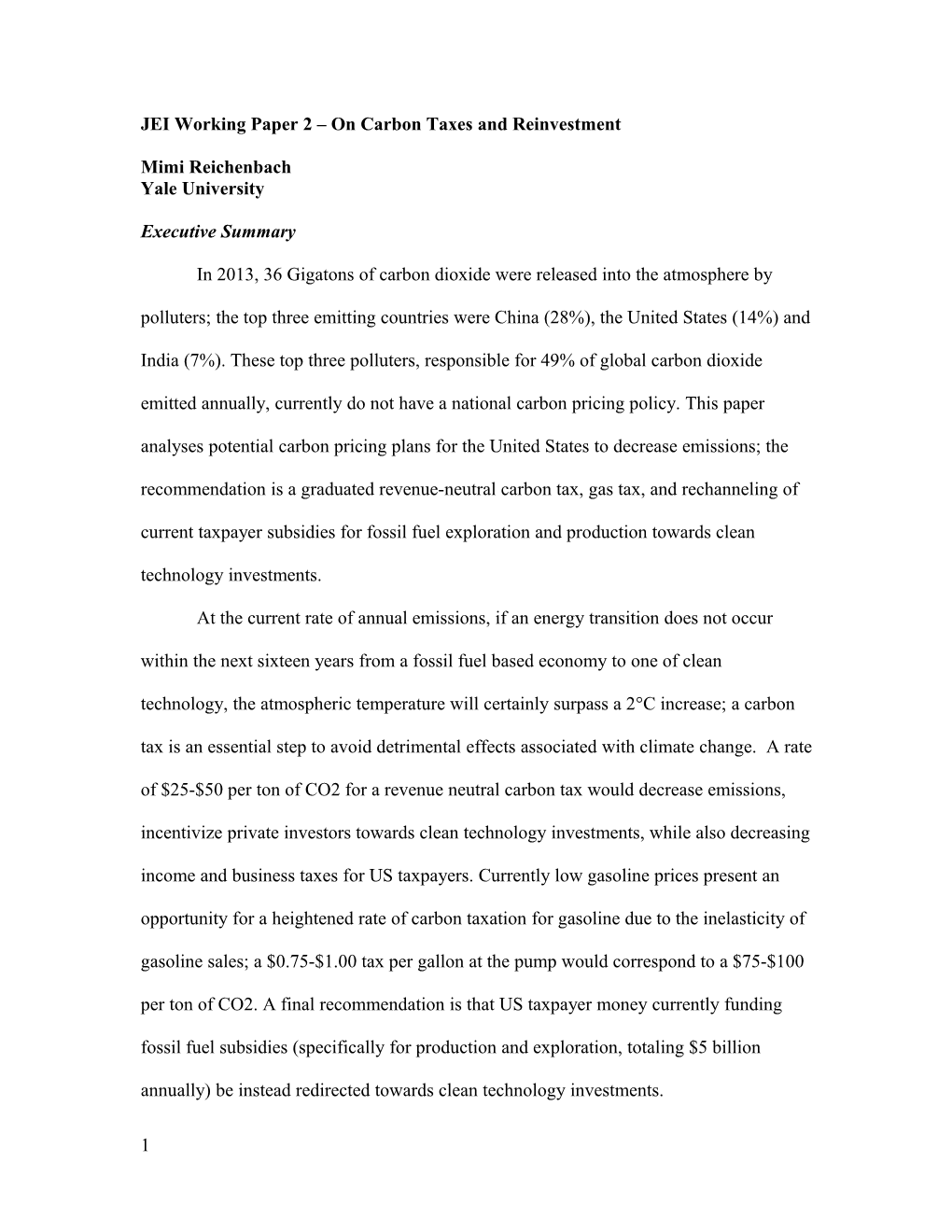 JEI Working Paper 2 on Carbon Taxes and Reinvestment