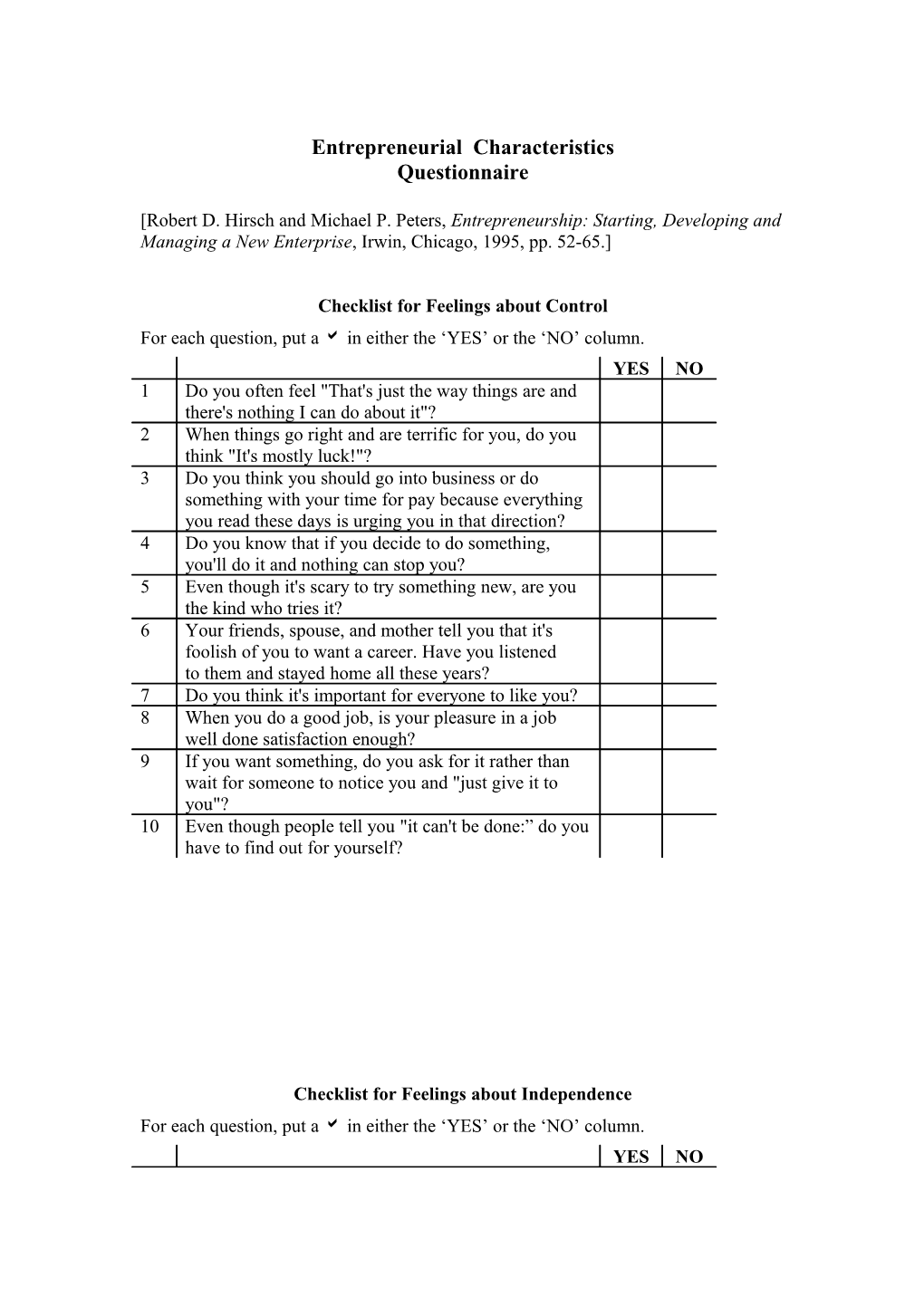 TABLE 3-1 Checklist for Feelings About Control