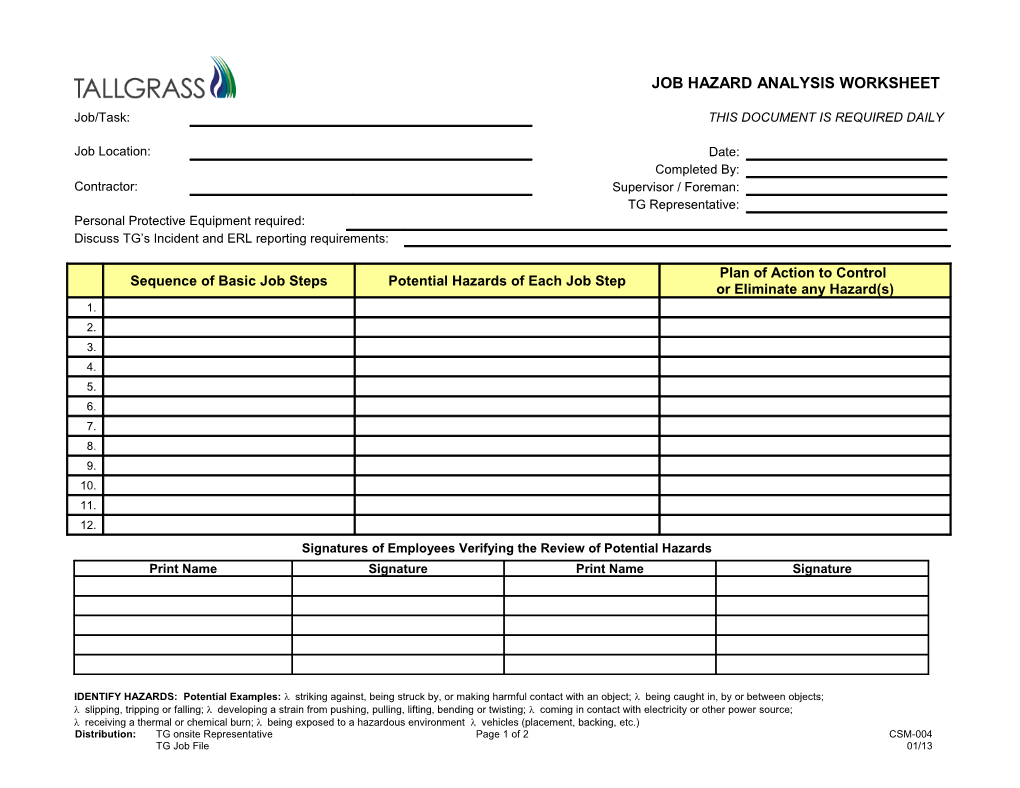 Job Safety Analysis Worksheet (PPL 1178)