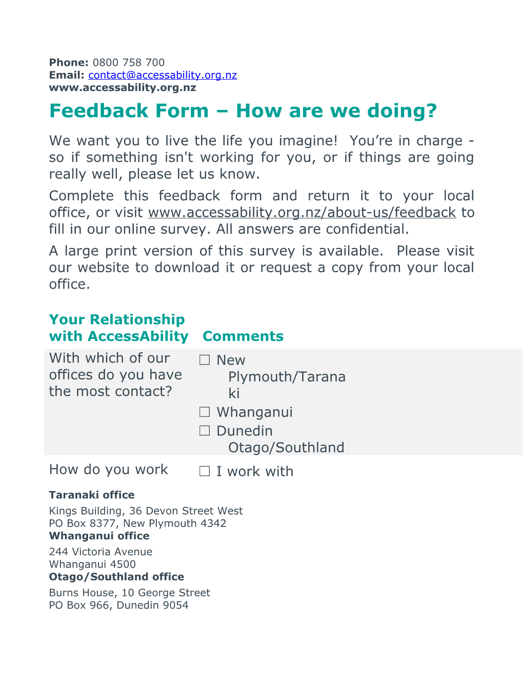 Feedback Form How Are We Doing?