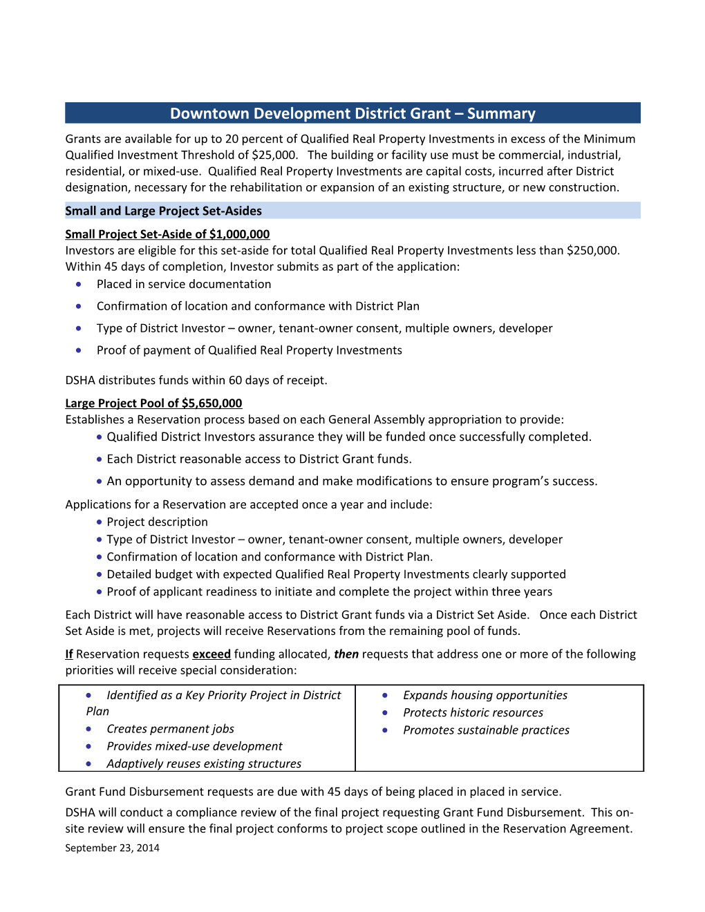 Downtown Development District Grant Summary