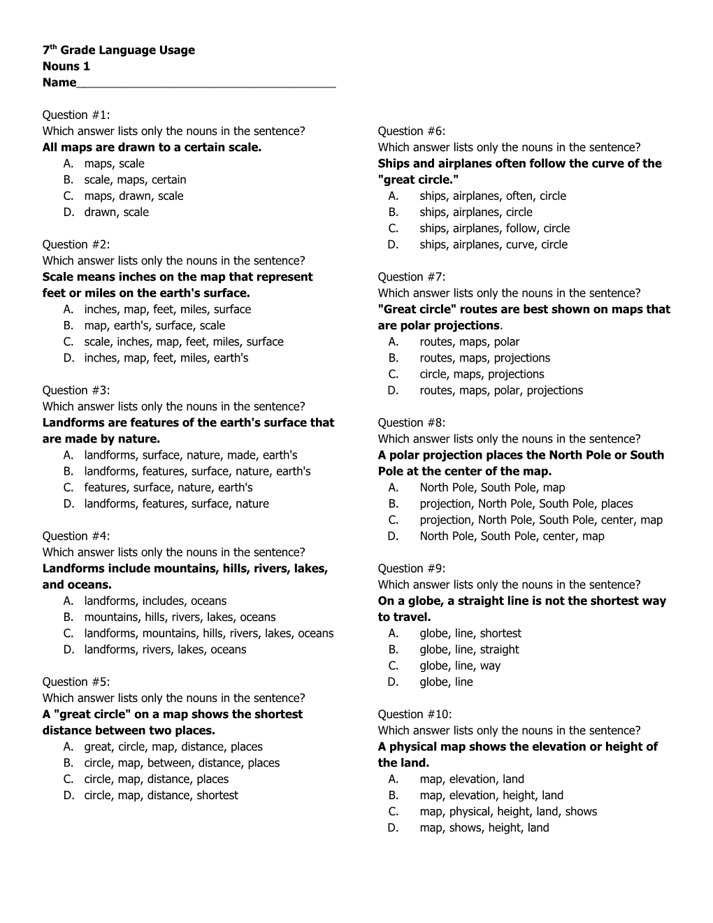 Which Answer Lists Only the Nouns in the Sentence?