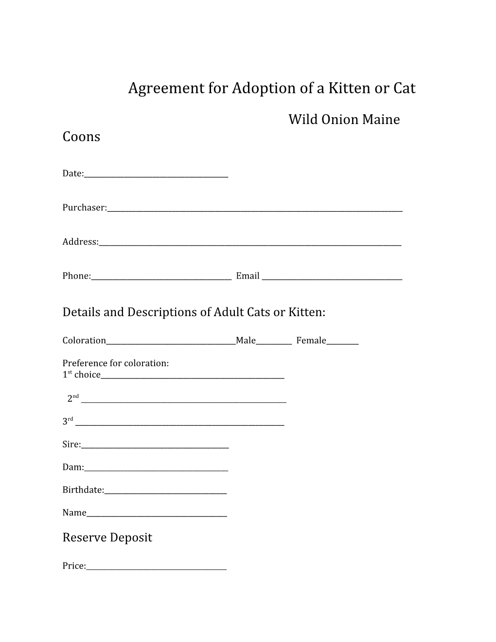 Agreement for Adoption of a Kitten Or Cat
