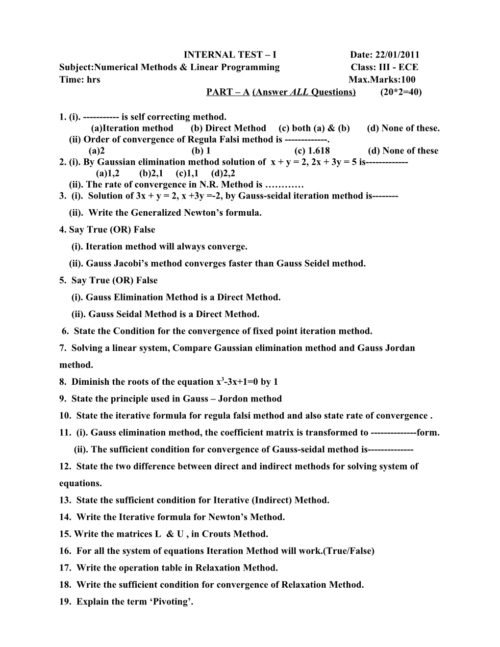 Subject:Numerical Methods & Linear Programming Class: III - ECE