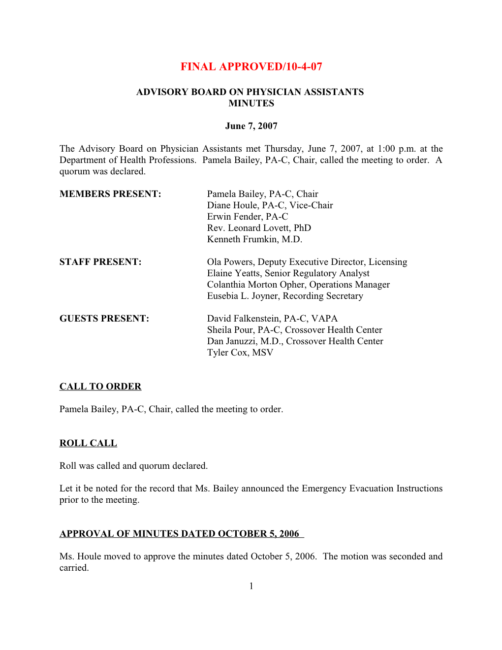 Medicine - Advisory Board on Physician Assistants - Final Minutes - June 7, 2007