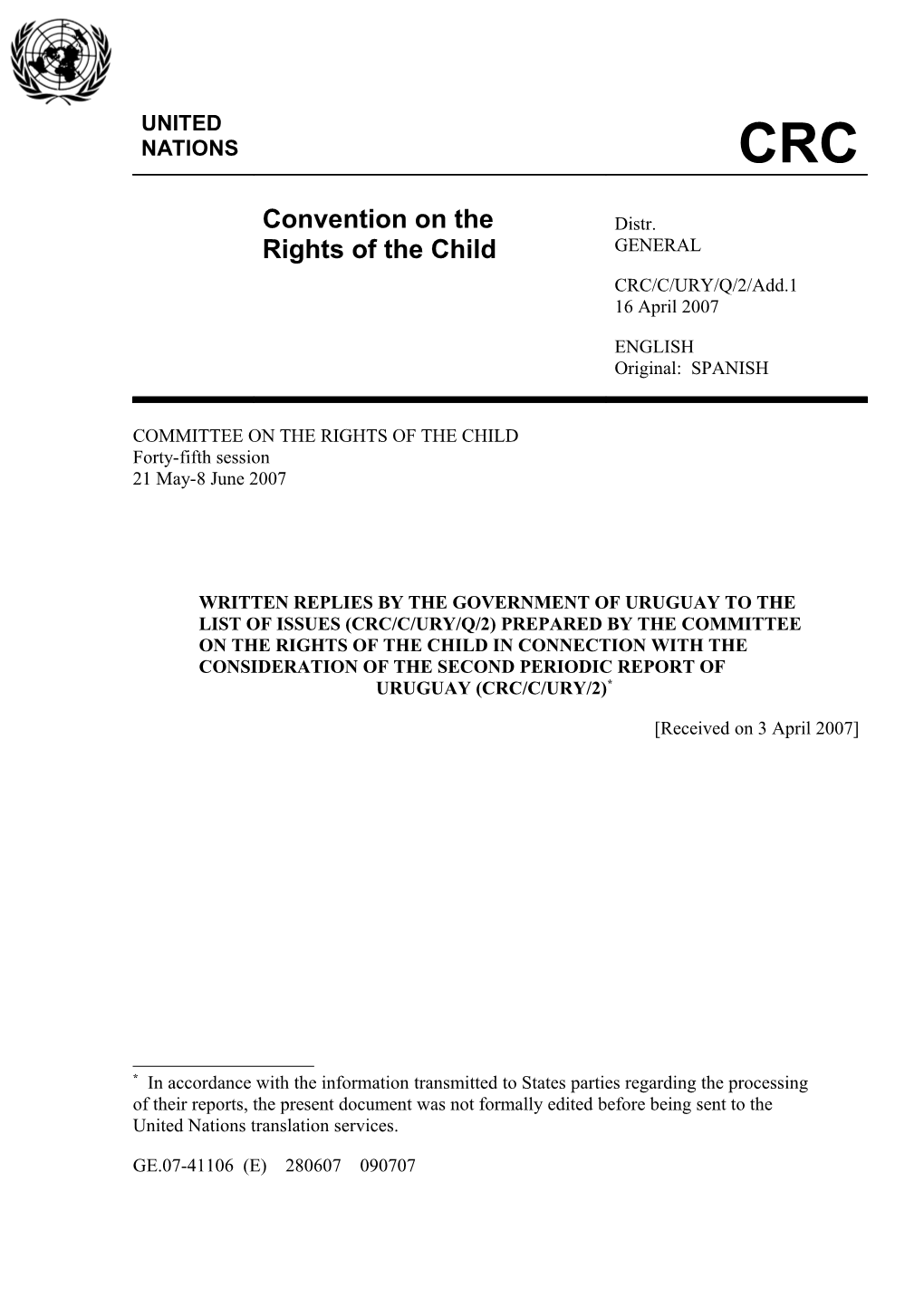 Written Replies by the Government of Uruguay to Thelist of Issues (Crc/C/Ury/Q/2) Prepared