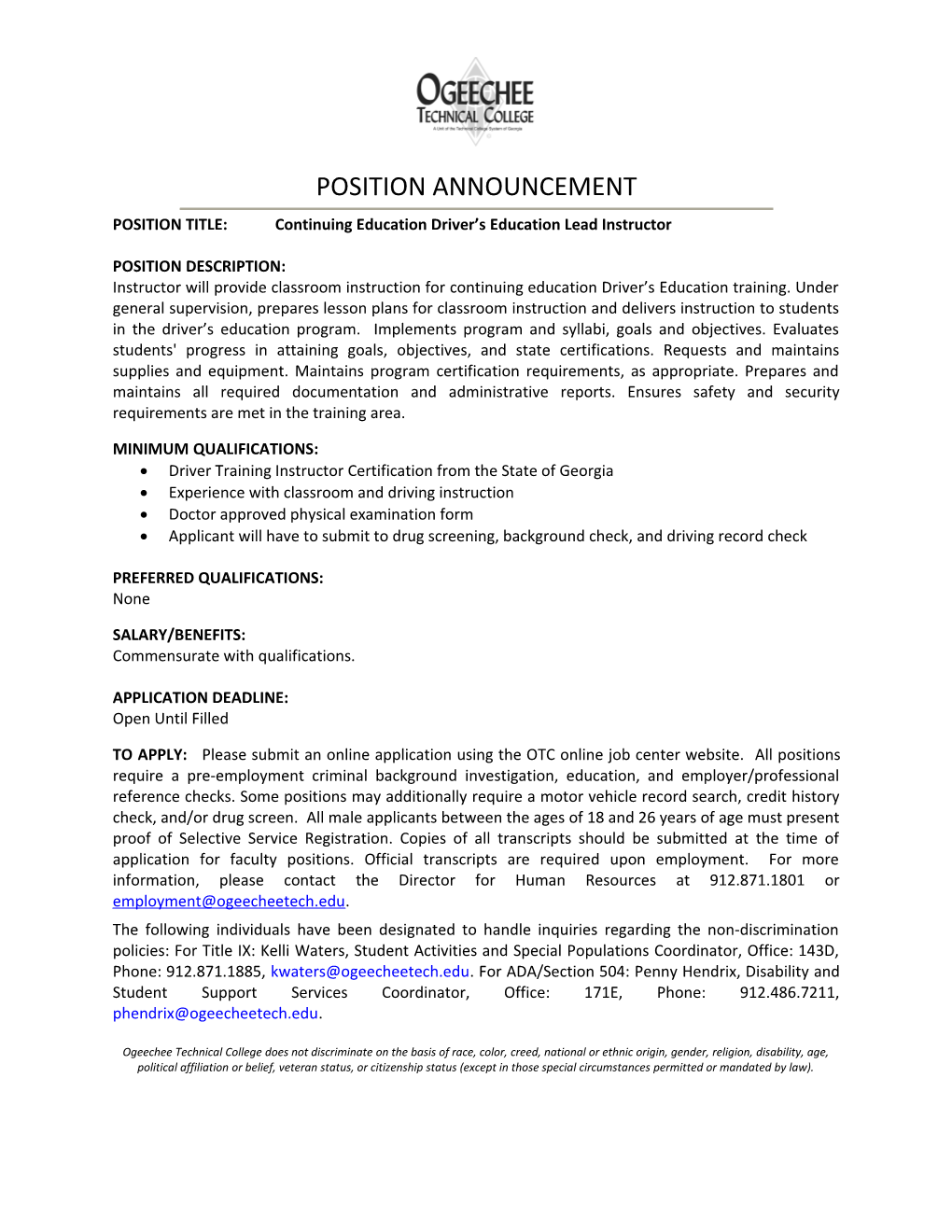 Position Announcement