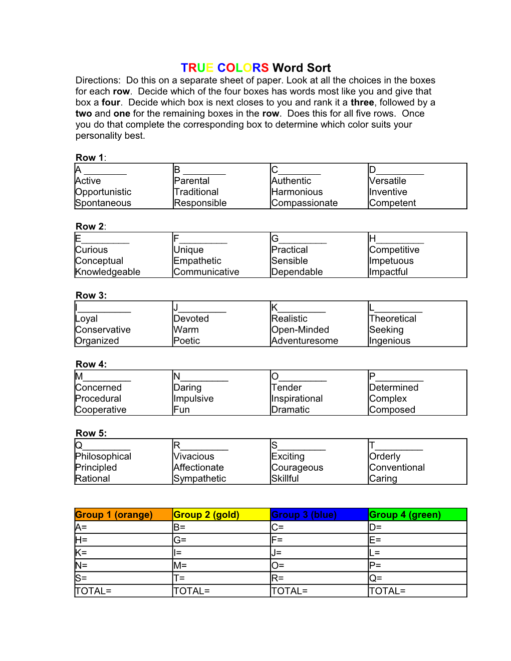 TRUE COLORS Word Sort