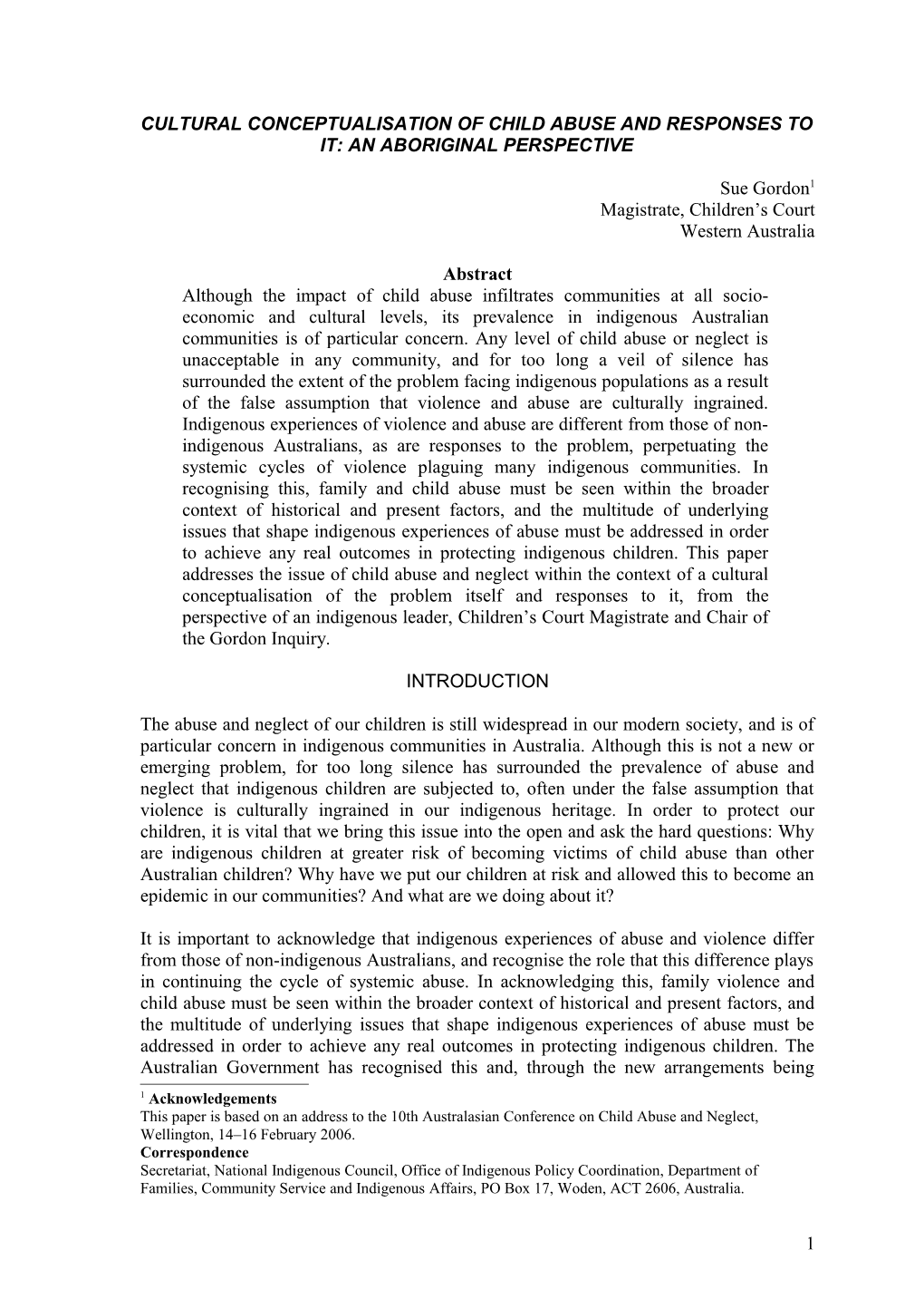 Cultural Conceptualisation of Child Abuse and Responses to It: an Aboriginal Perspective