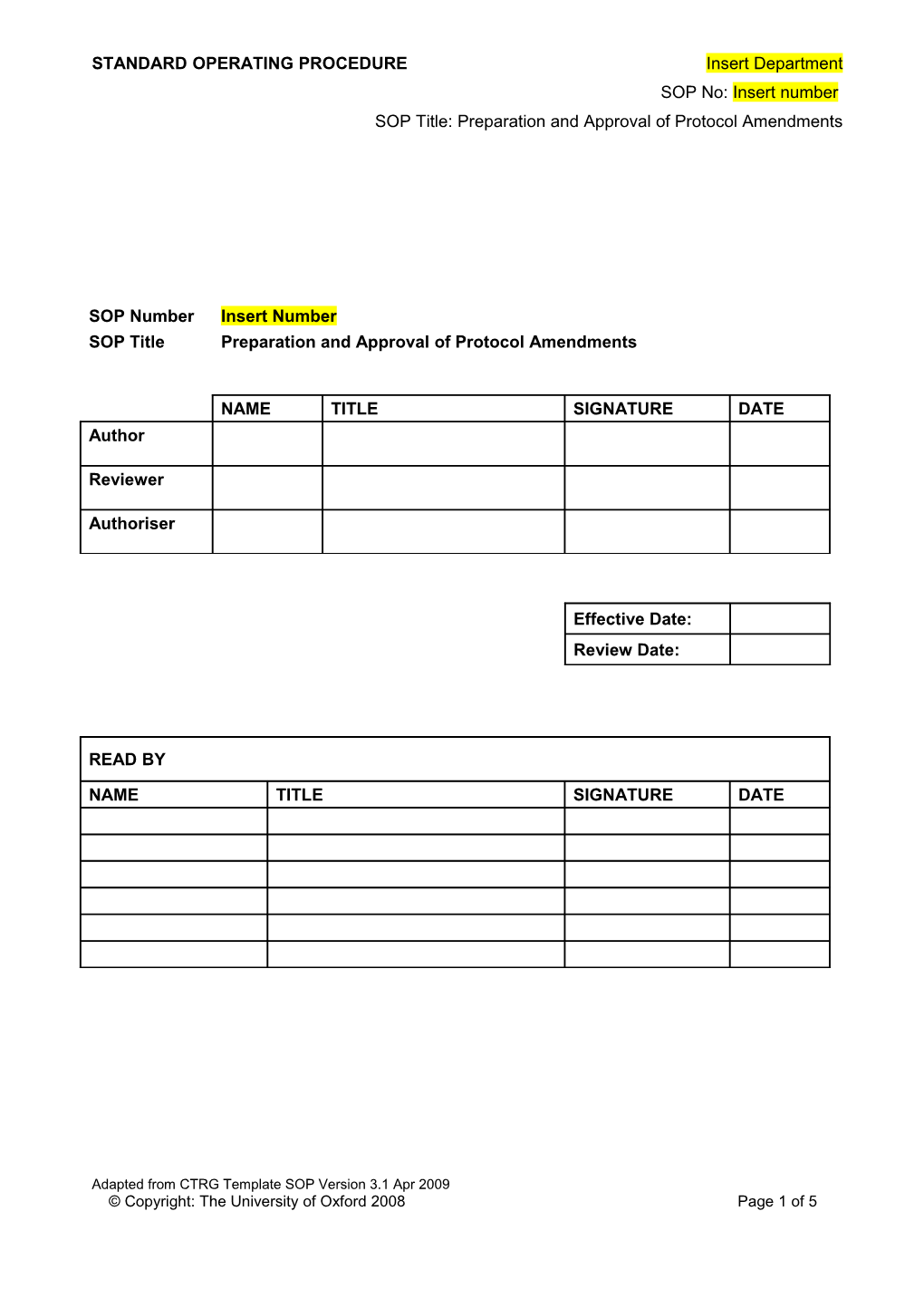 Preparation and Approval of Protocol Amendments - Template