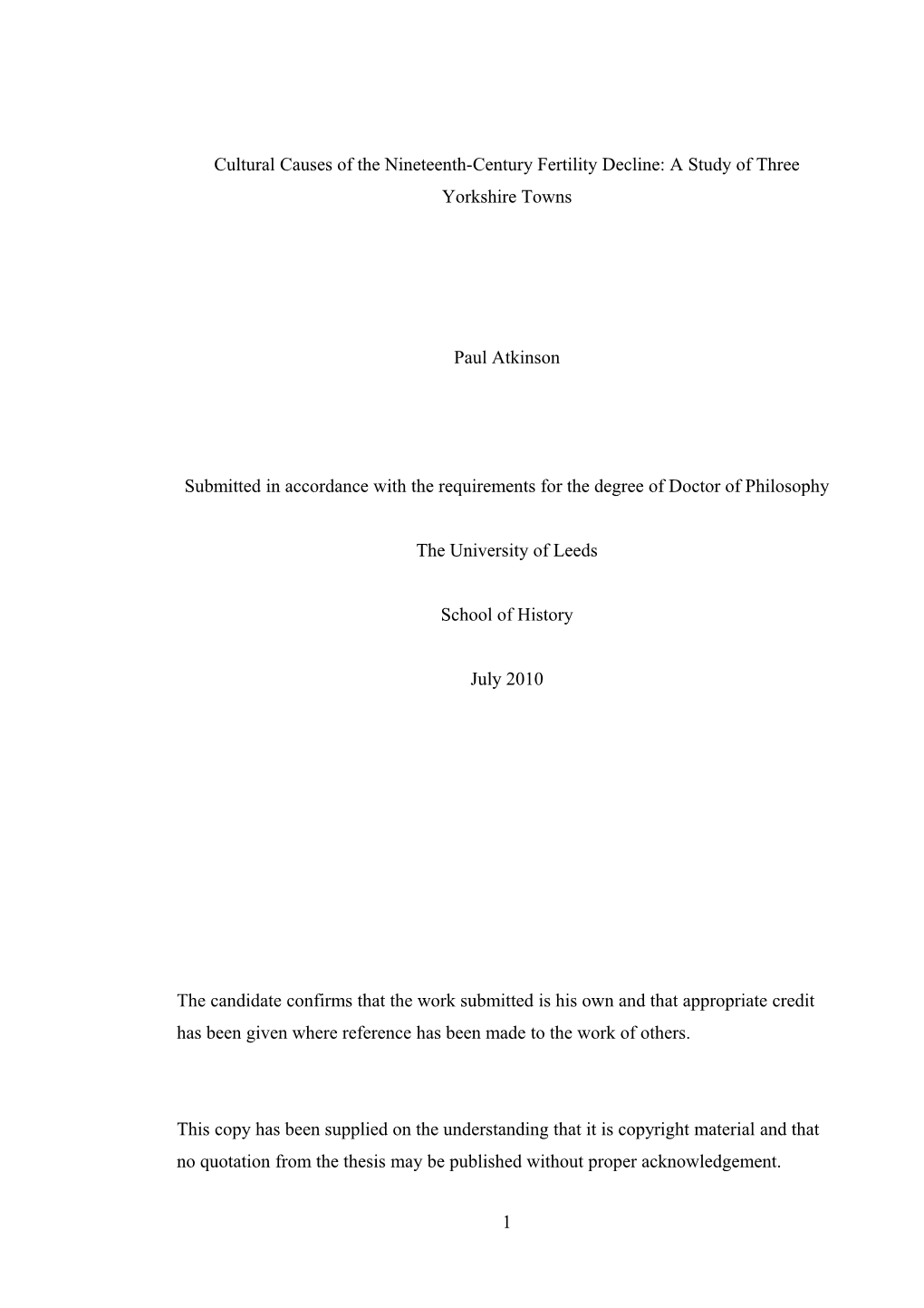 Cultural Causes of the Nineteenth-Century Fertility Decline: a Study of Three Yorkshire Towns