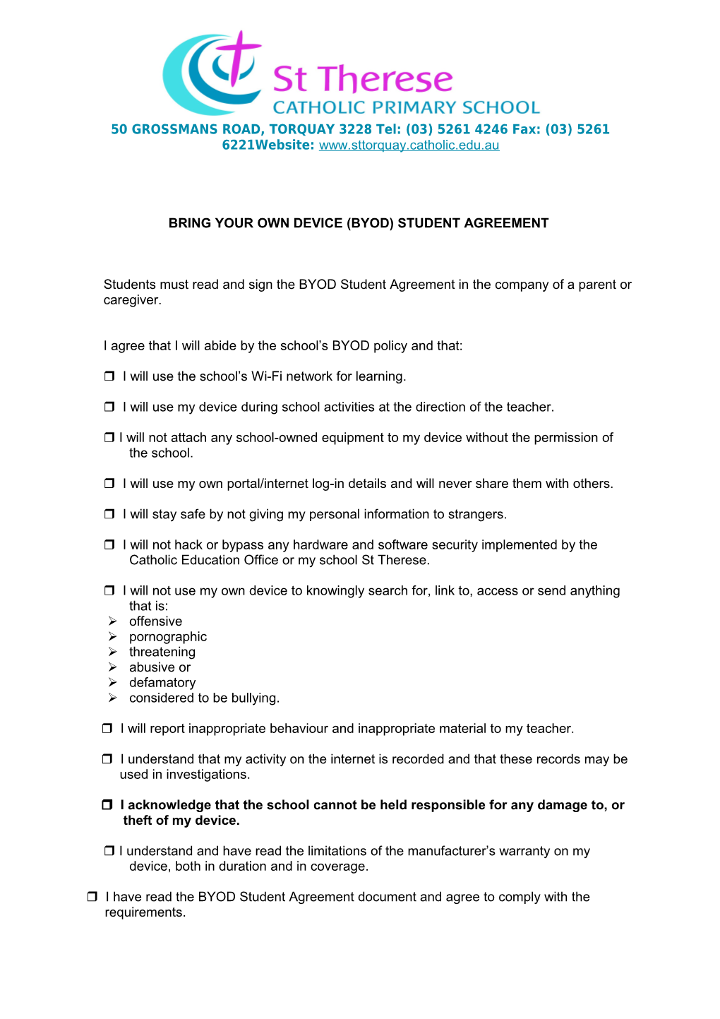 Bring Your Own Device (Byod) Student Agreement