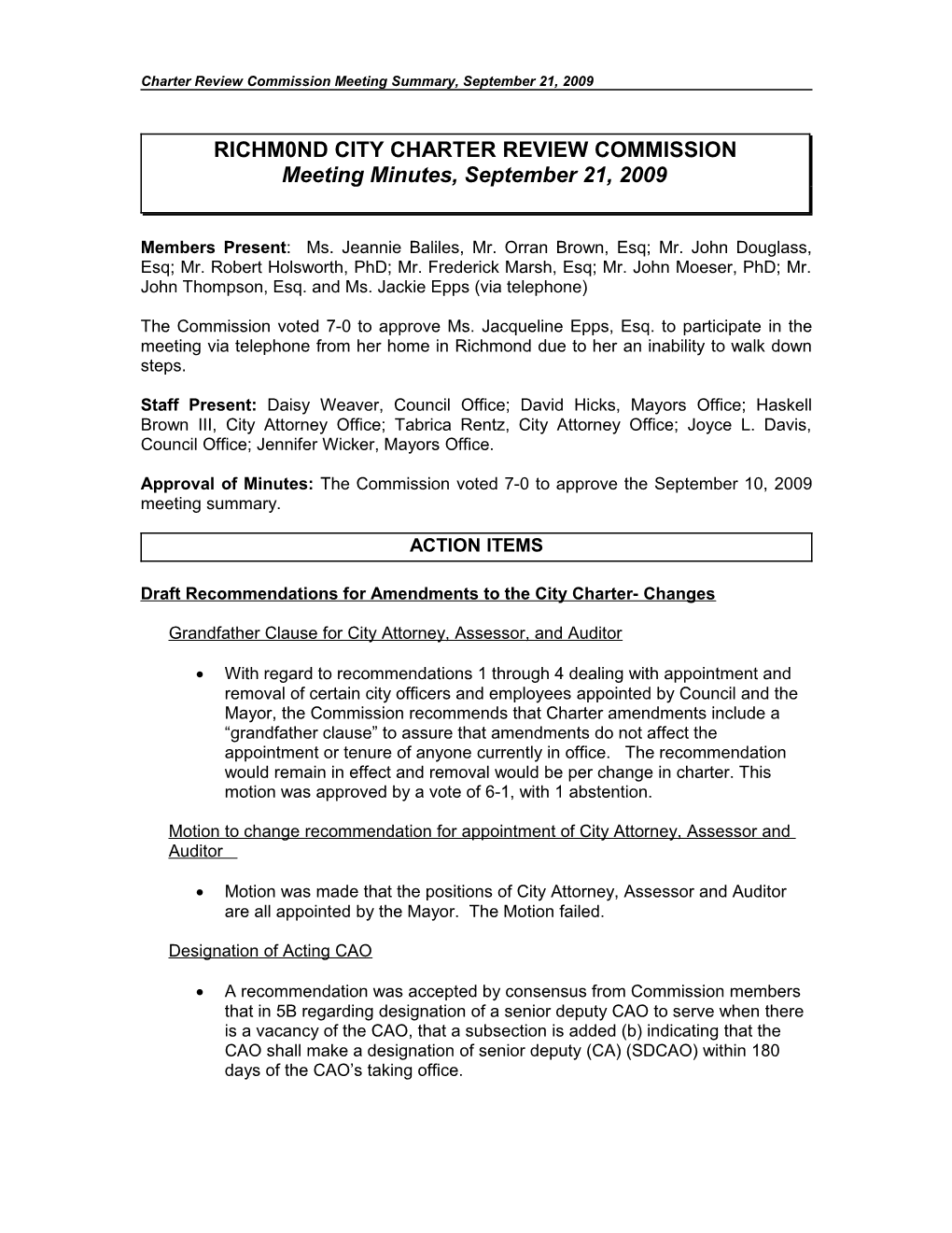 Charter Review Commission Meeting Summary, September 10, 2009
