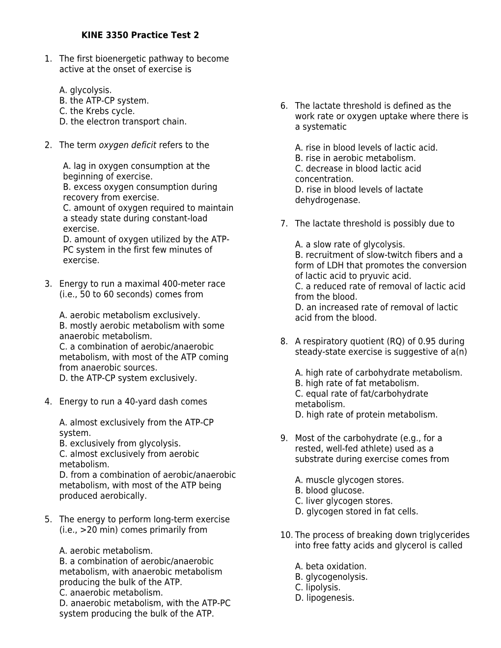 KINE 3350 Practice Test 2