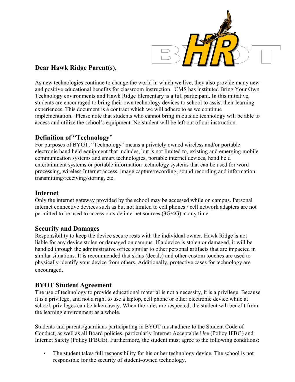 Dear Hawk Ridge Parent(S)