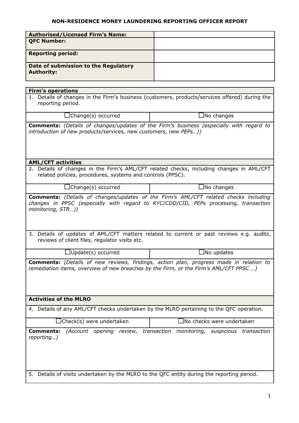 MLRO Residency Waiver Report Template