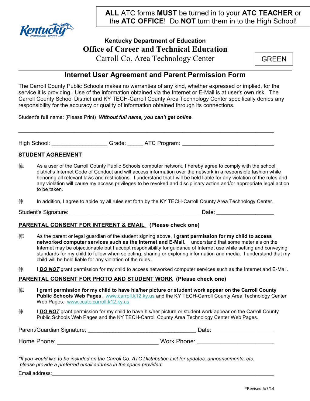 Internet User Agreement and Parent Permission Form