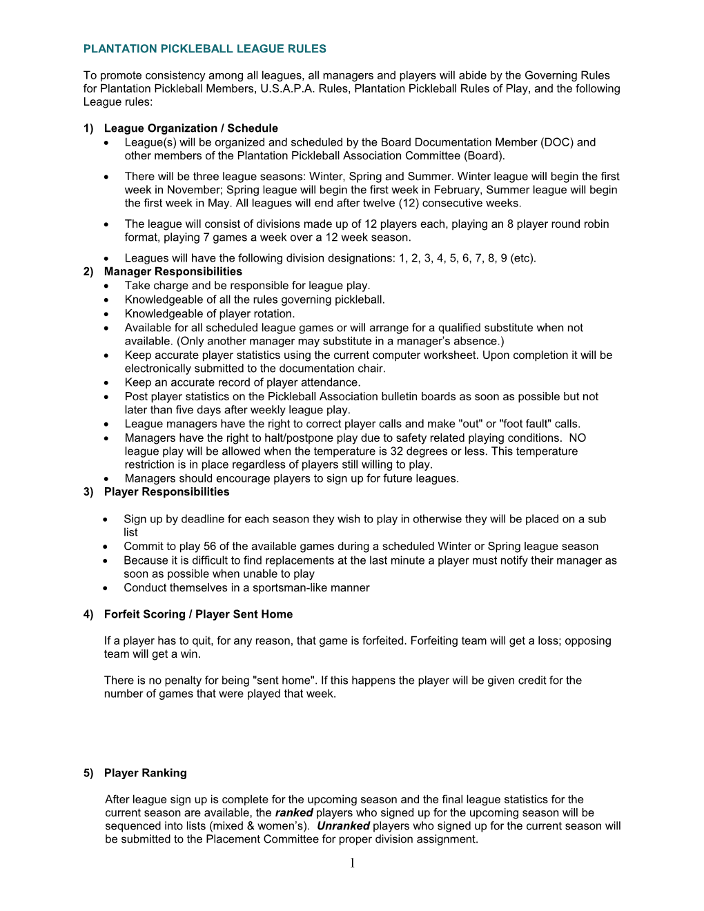 Plantation Pickleball League Rules