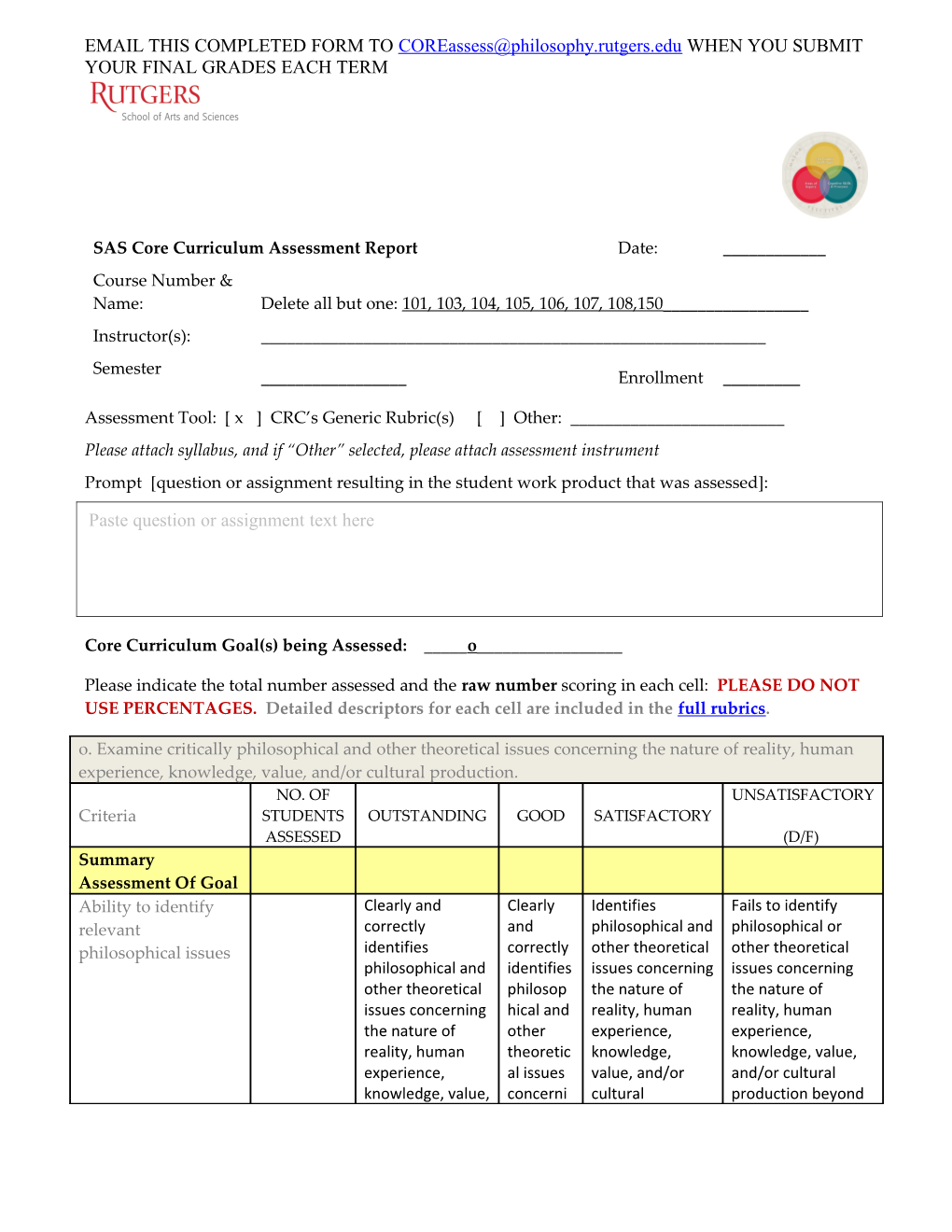 Assessment Tool: X CRC S Generic Rubric(S) Other: ______