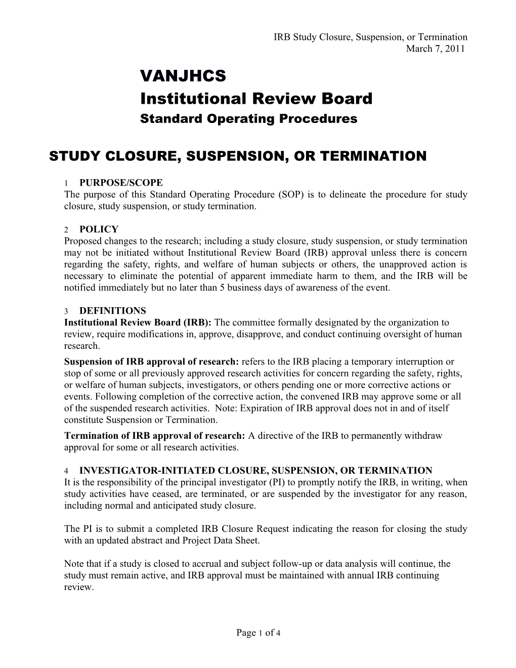 Study Closure, Suspension, Or Termination