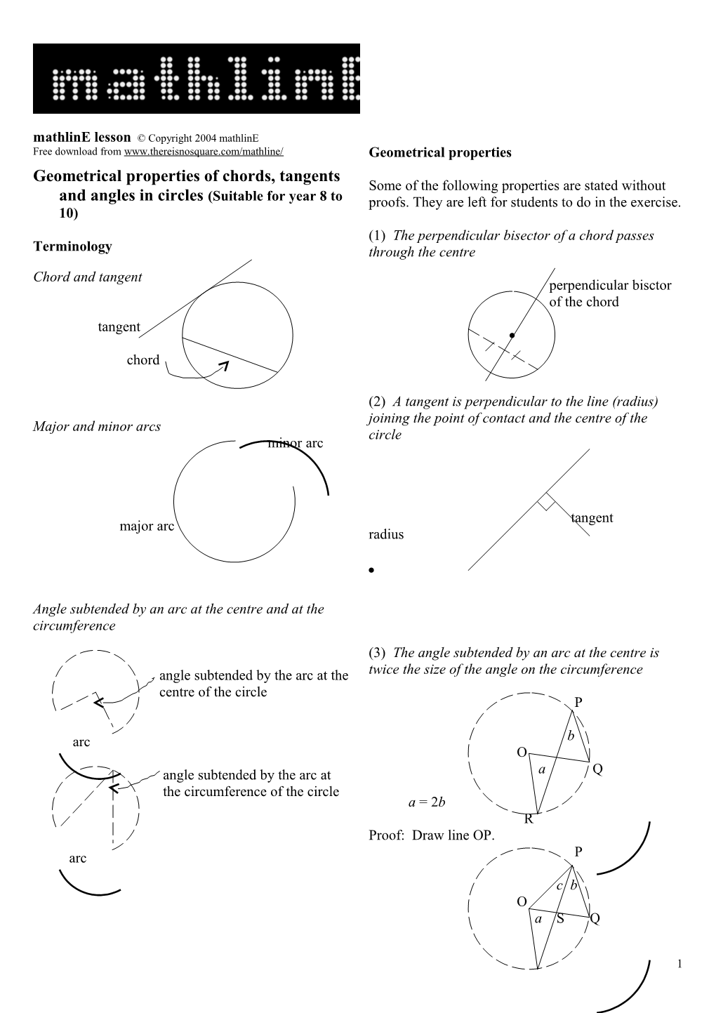 Geometrical Properties of Chords, Tangents and Angles in Circles (Suitable for Year 8 to 10)