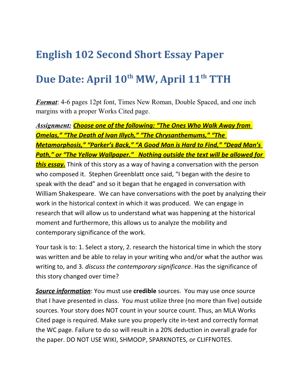English 102 Second Short Essay Paper