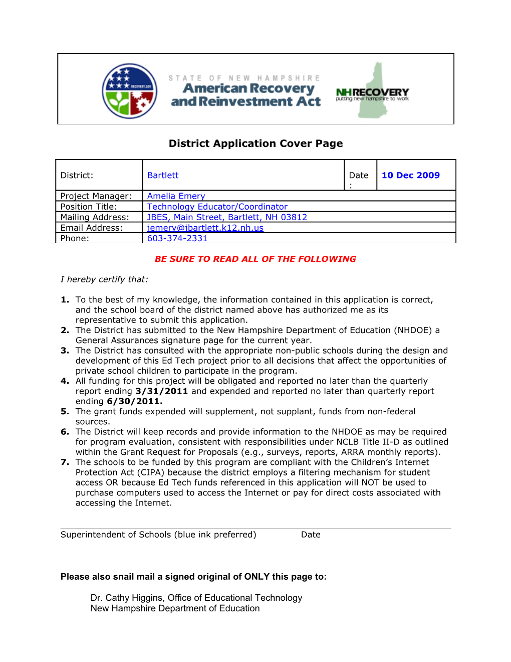 District Application Cover Page