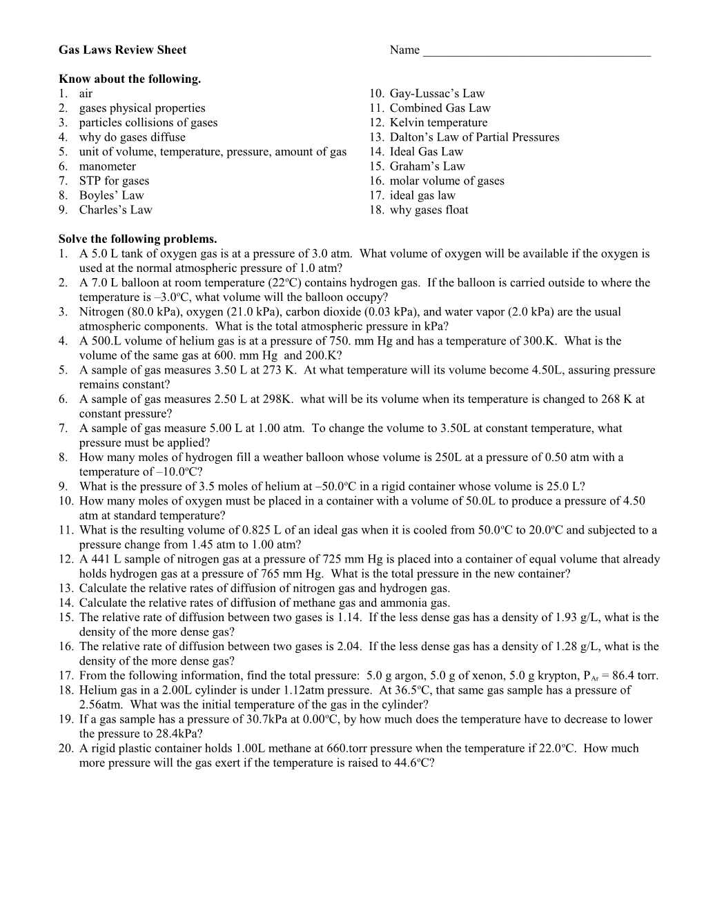 Chapter 13 Review Sheet