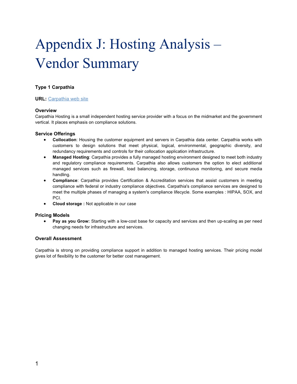 Appendix J: Hosting Analysis Vendor Summary