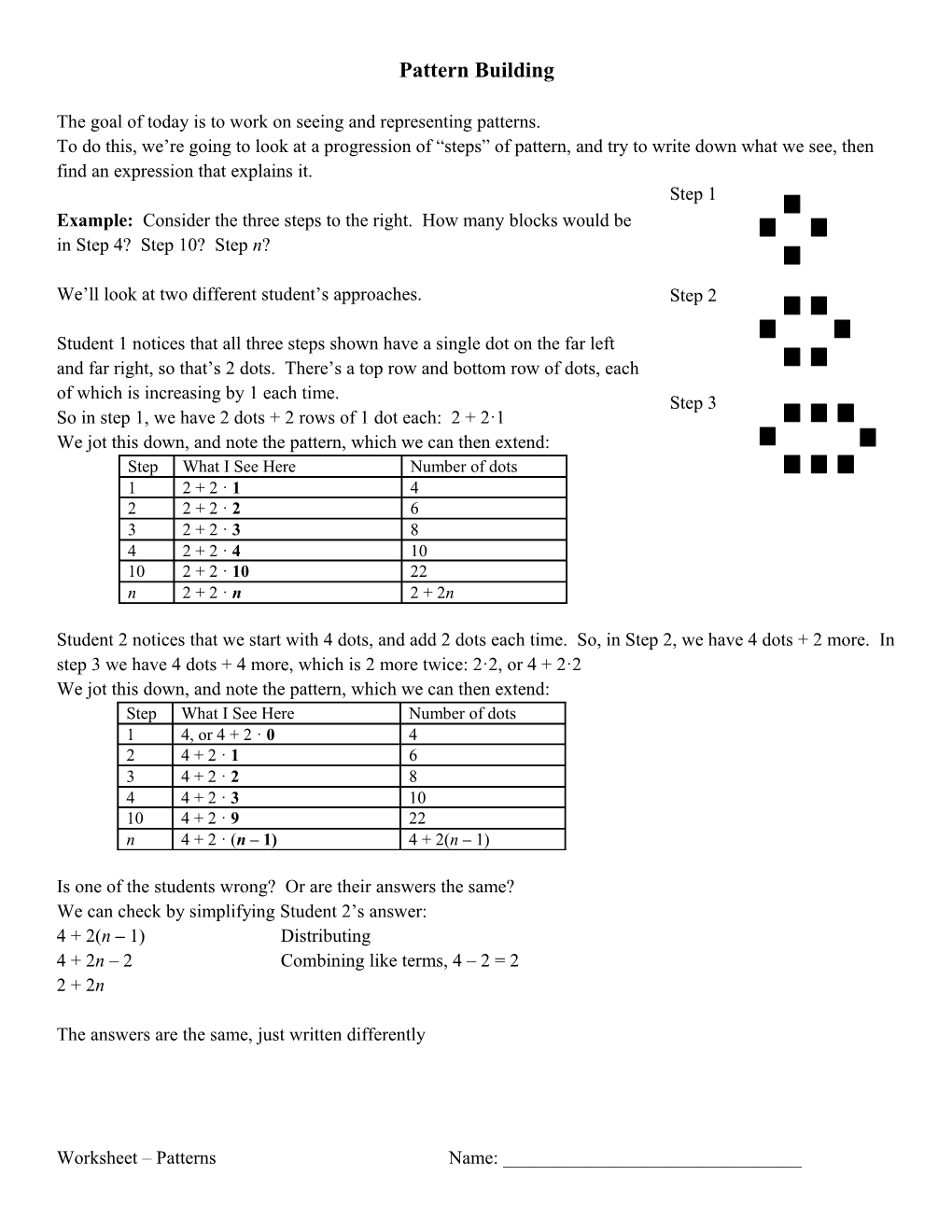 The Goal of Today Is to Work on Seeing and Representing Patterns