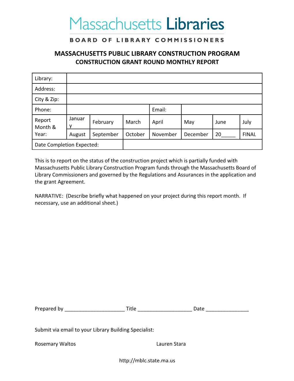 MPLCP Construction Grant Round Monthly Report