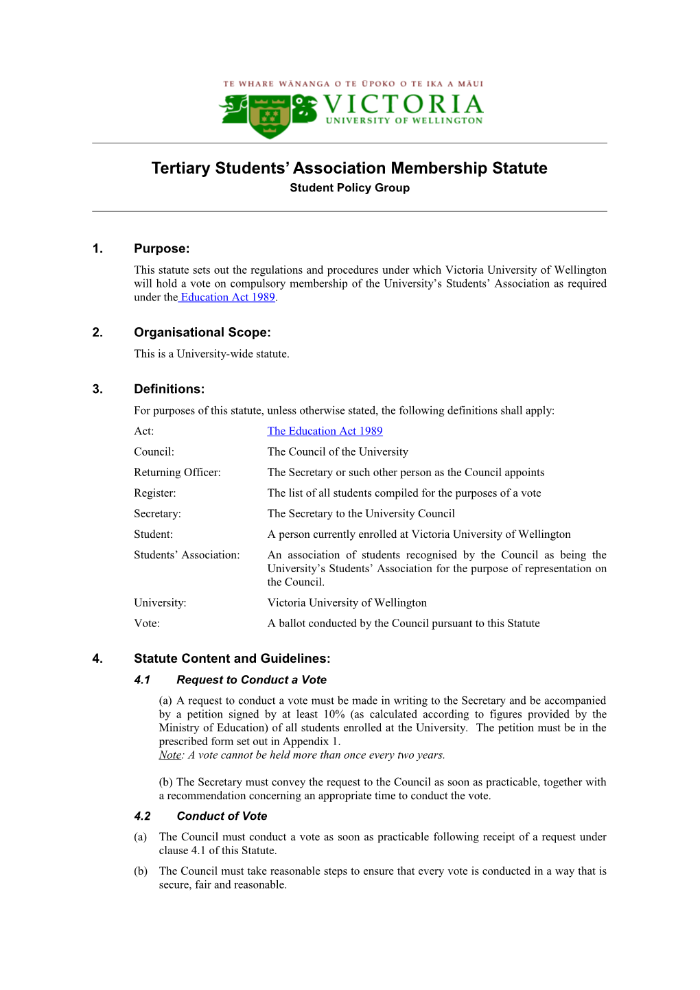 Tertiary Students Association Membership Statute