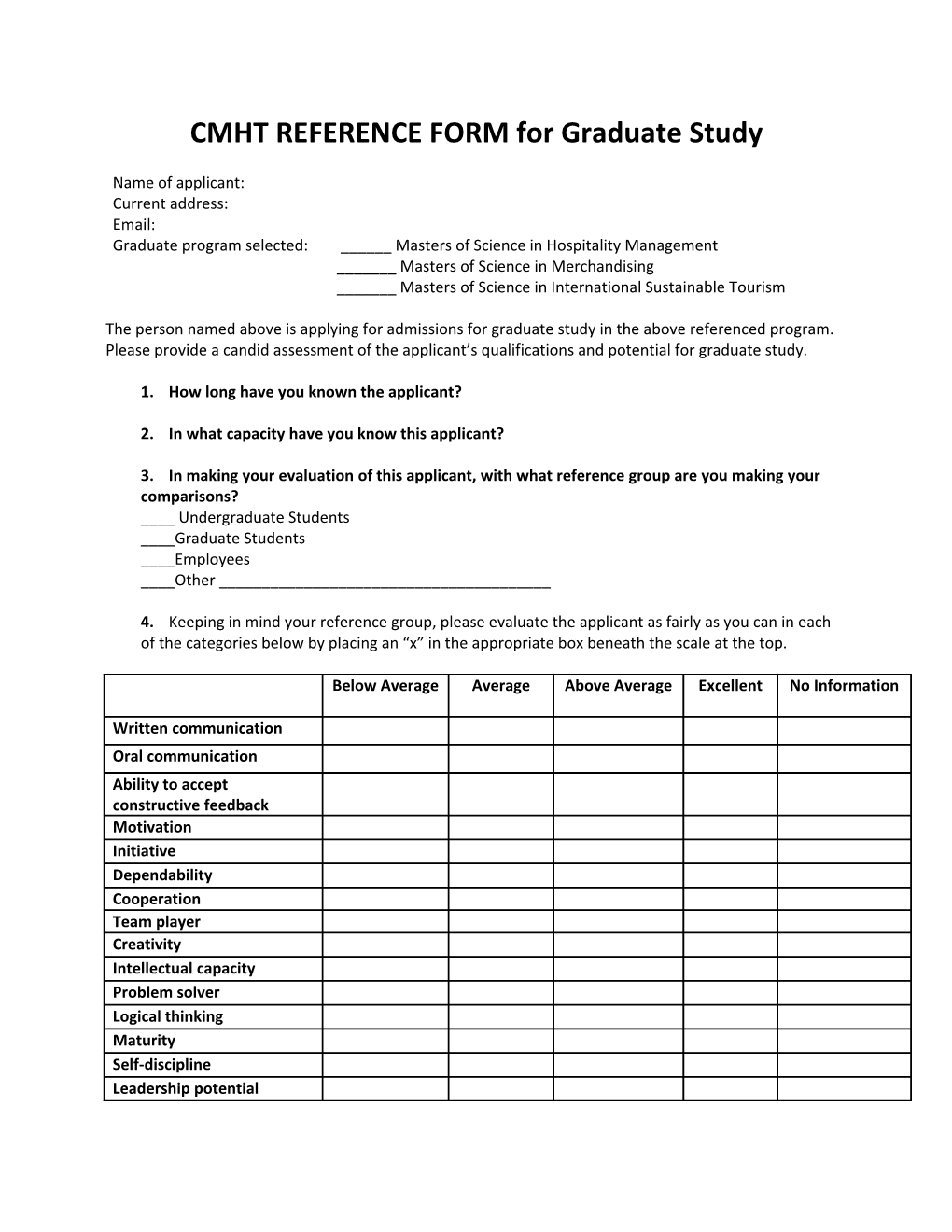 CMHT REFERENCE FORM for Graduate Study