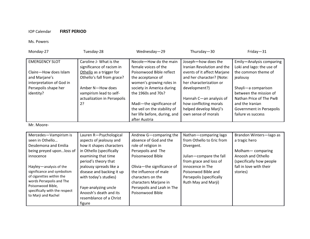 IOP Calendar FIRST PERIOD