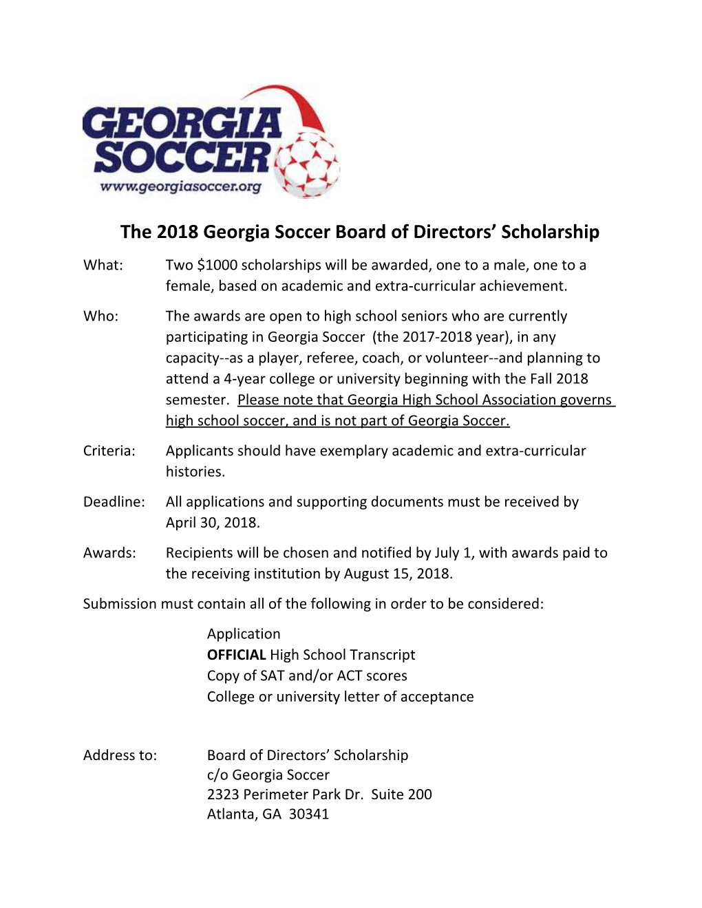 The 2018 Georgia Soccer Board of Directors Scholarship