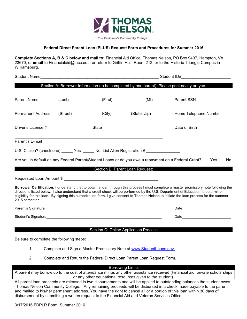 Federal Direct Parent Loan (PLUS) Request Form and Procedures for Summer 2016
