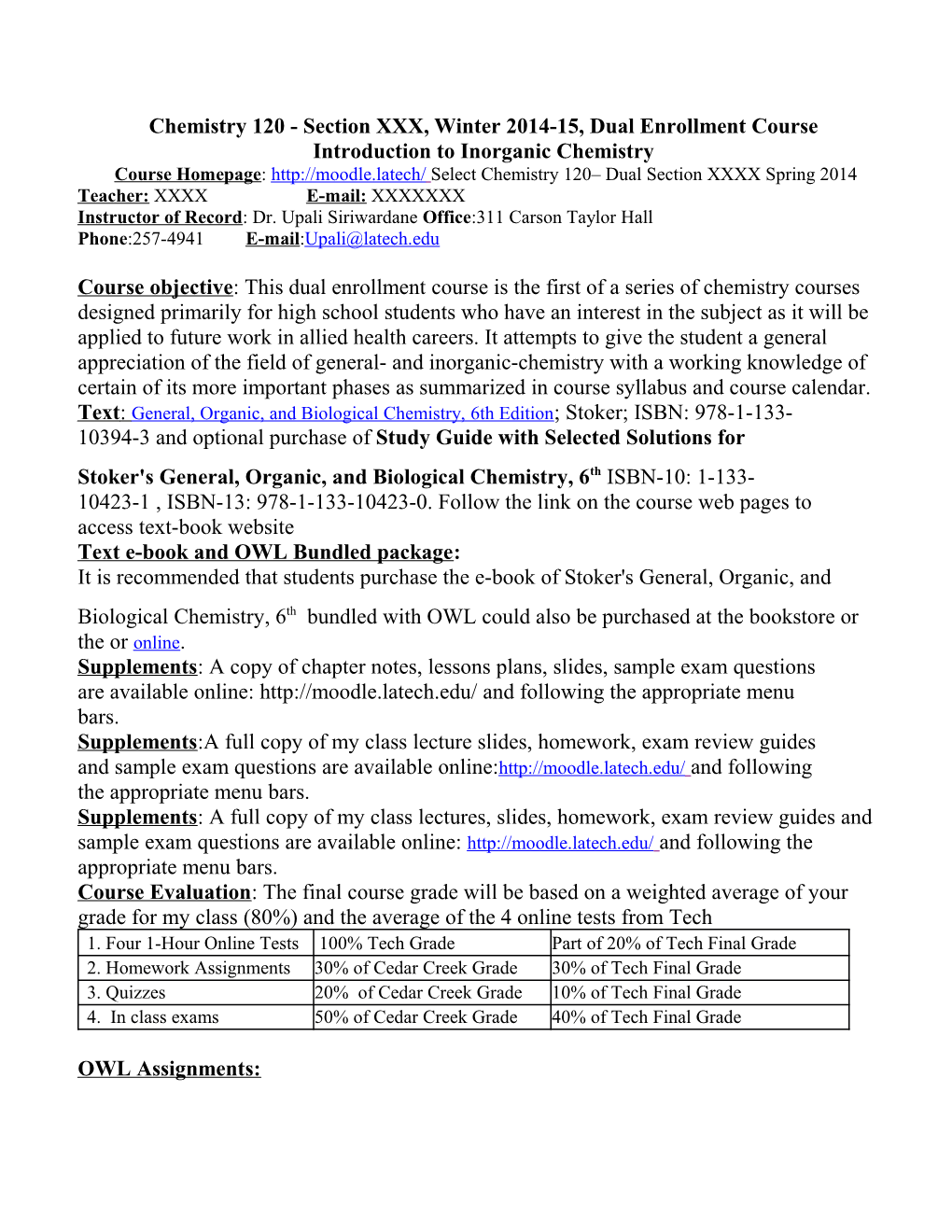 Chemistry 120 - Section XXX, Winter2014-15, Dual Enrollment Course