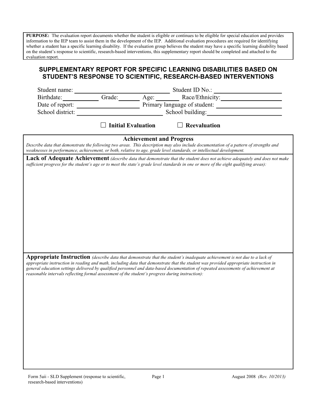 Supplementary Report for Specific Learning Disabilities Based on Student's Response To