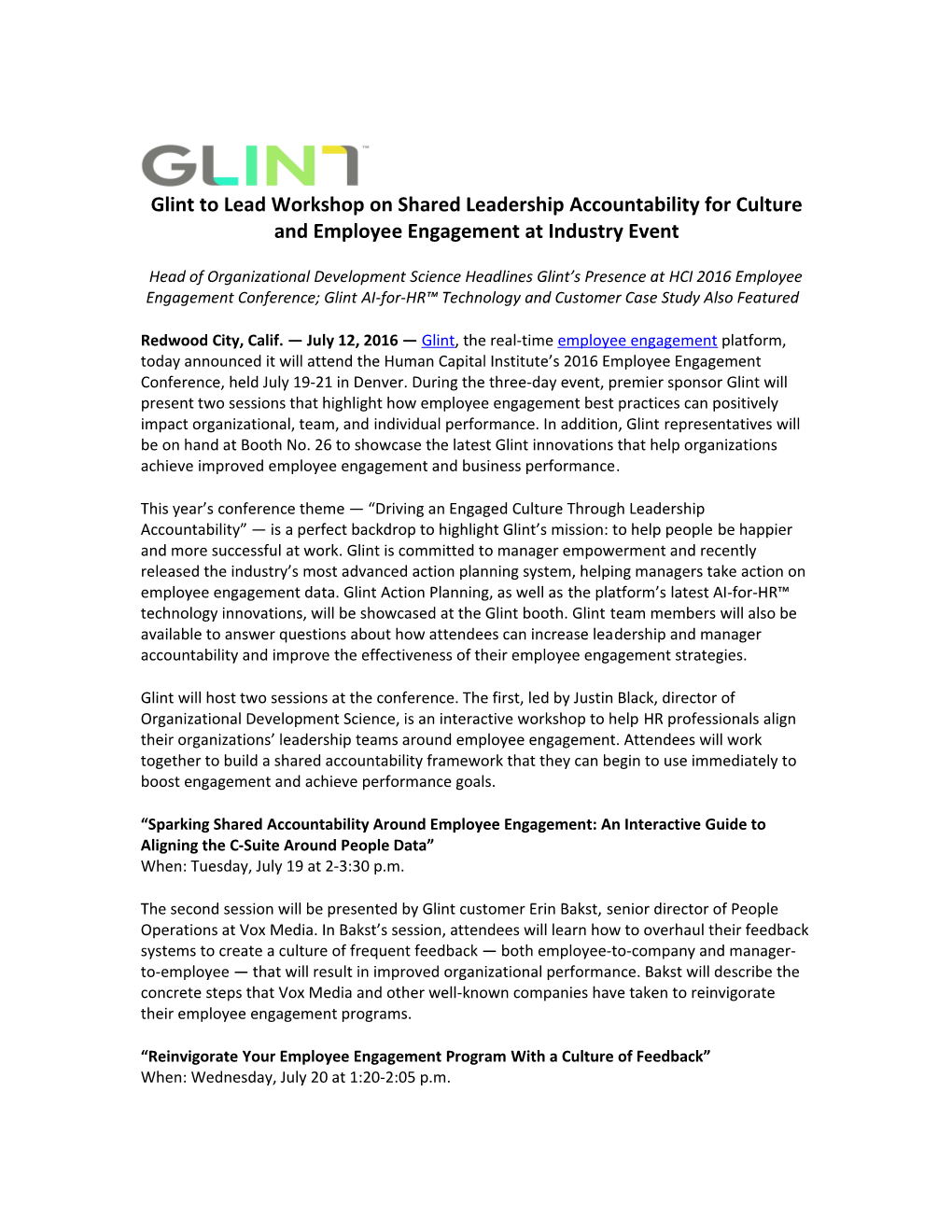 Glint to Lead Workshop on Shared Leadership Accountability for Culture and Employee Engagement
