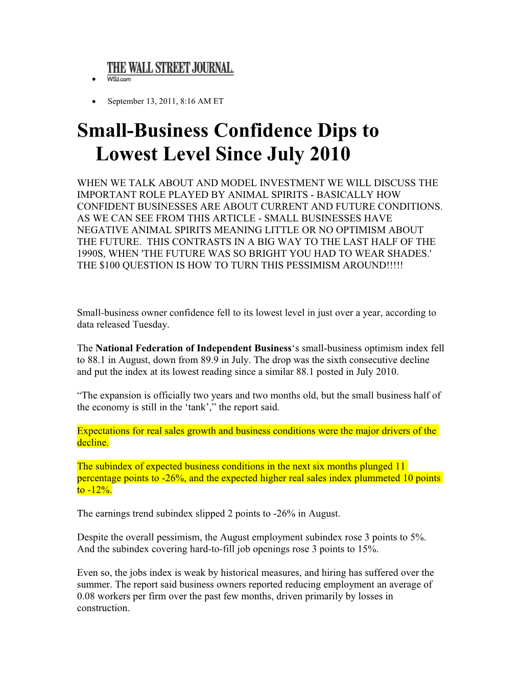 Small-Business Confidence Dips to Lowest Level Since July 2010