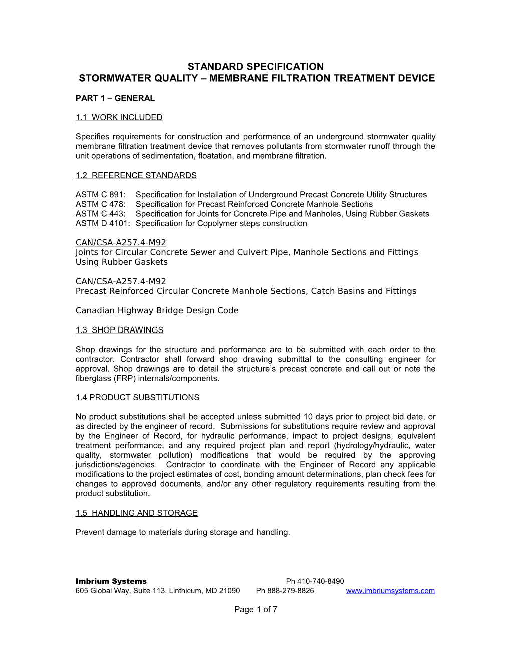 Standard Specification for Stormwater Treatment Chamber