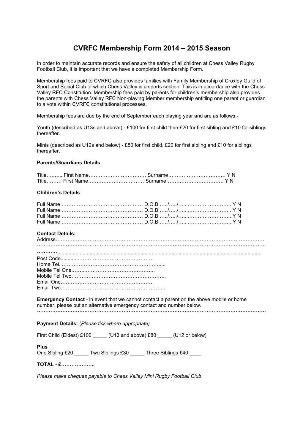 CVRFC Membership Form 2014 2015 Season