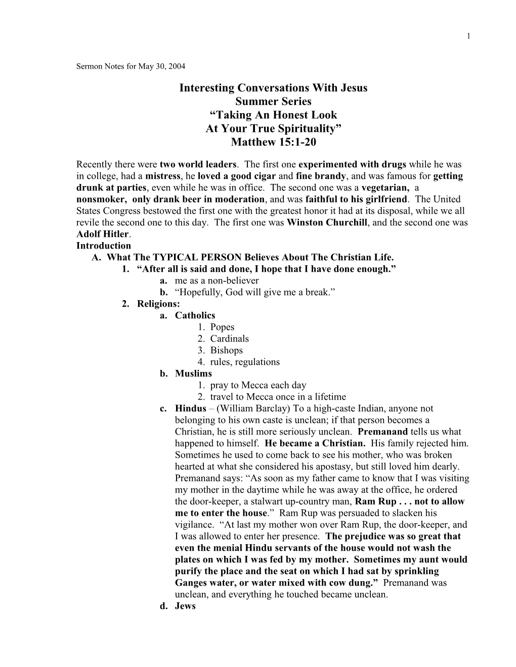 Sermon Notes for May 30, 2004