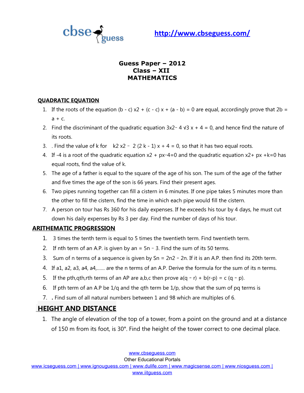 Guess Paper 2012 Class XII MATHEMATICS