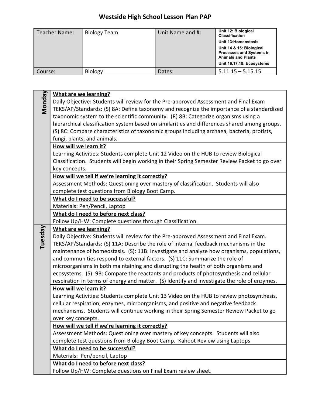 Westside High School Lesson Plan PAP